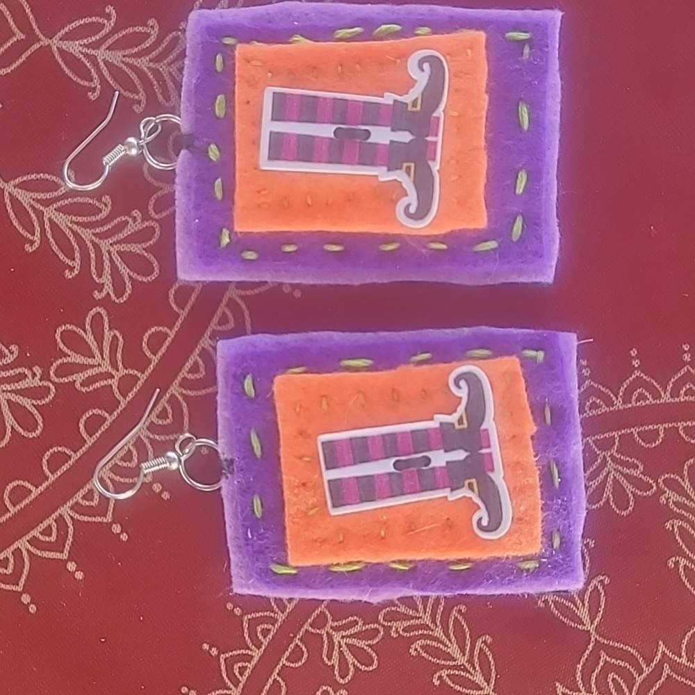Halloween Artist Made Earrings - Orange and Purple Felt Beads Buttons 3 Pair $15